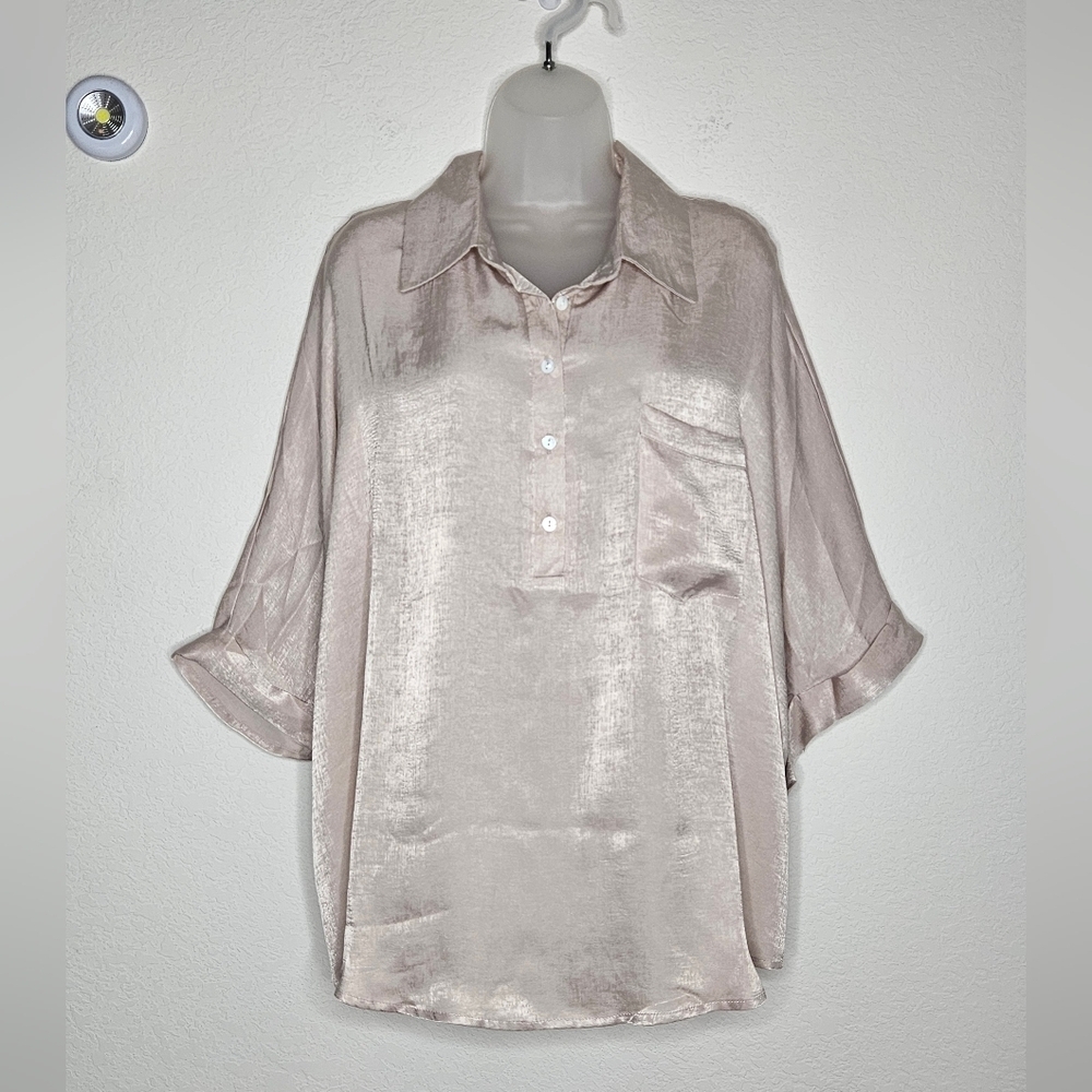 NWT Andree By Unit Oversized Drop Shoulder Satin Taupe Plus Button Down Blouse